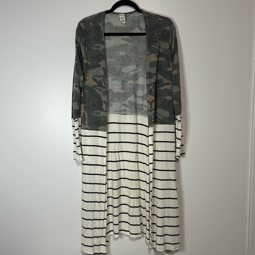 7th Ray Camoflauge Striped Maxi Long Sleeve Cardigan with Thumb Holes Sweater M